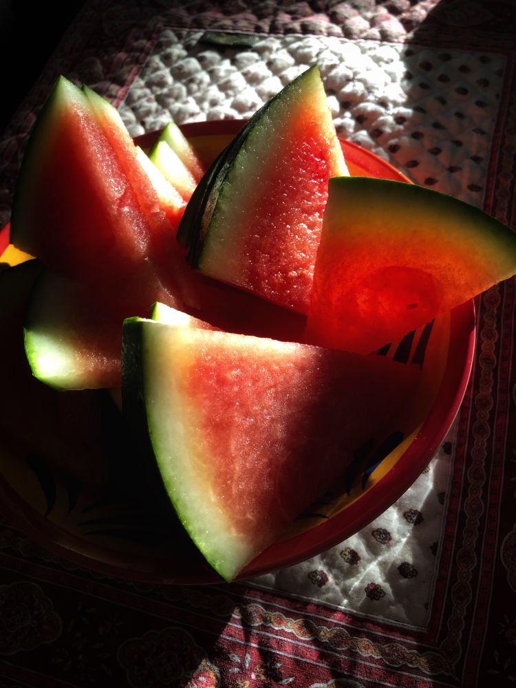 A bowl of sliced watermelon glowing in a streak of sunlight.