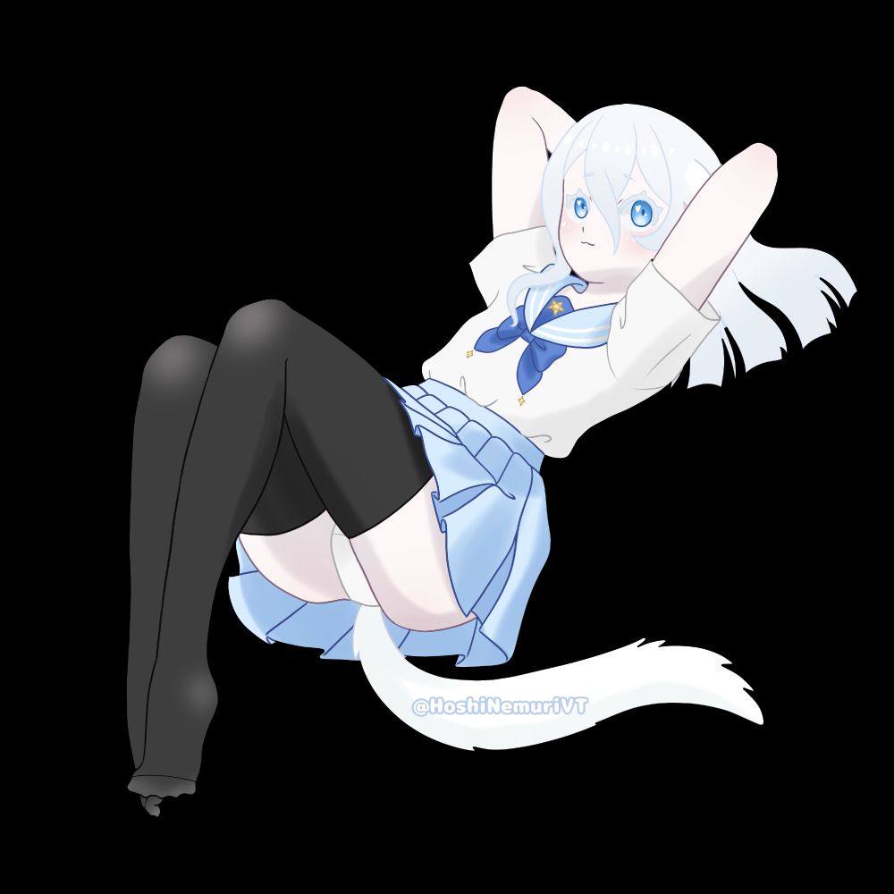 Nemu the white ferret vtuber laying back on the ground.  She is wearing black thigh highs and a light blue seifuku uniform as she makes a catty smily towards the viewer.