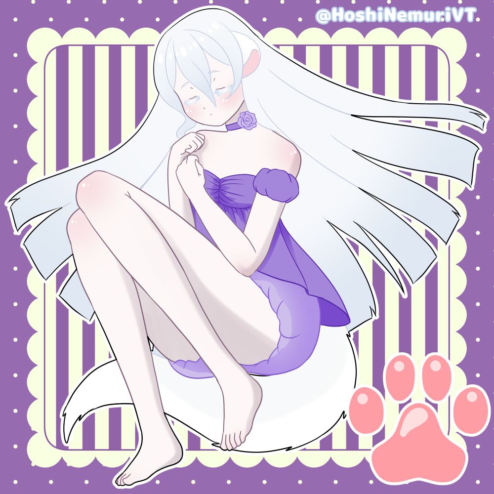 Sleeping ferret girl in lavender pajamas consisting of an empire waisted, puffy sleeve top and lilac coloured pumpkin bloomers.  Her long white hair is splayed out behind her, and her fluffy tail curled beneath her.  A pink paw print sits in the bottom right corner, and the background consists of violet and cream tones with dots, scalloped edges, and stripes.