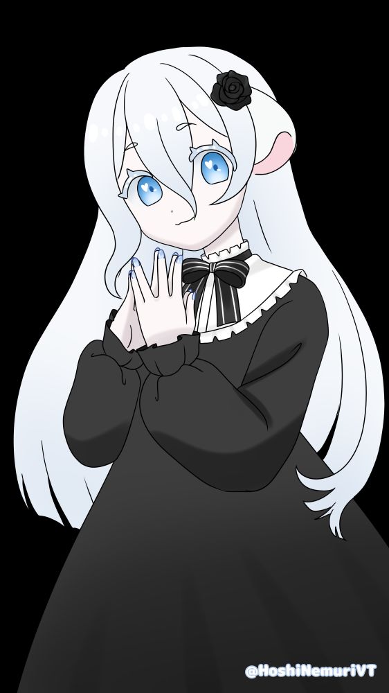 A ferret vtuber with long white hair, pale skin, and blue fingernails.  She is wearing a black gothic dress with long puffy sleeves, a white "bib", a black and white striped ribbon around her neck, and a black rose in her hair.  She has an inquisitive smile on her face and hearts in her ice blue eyes.