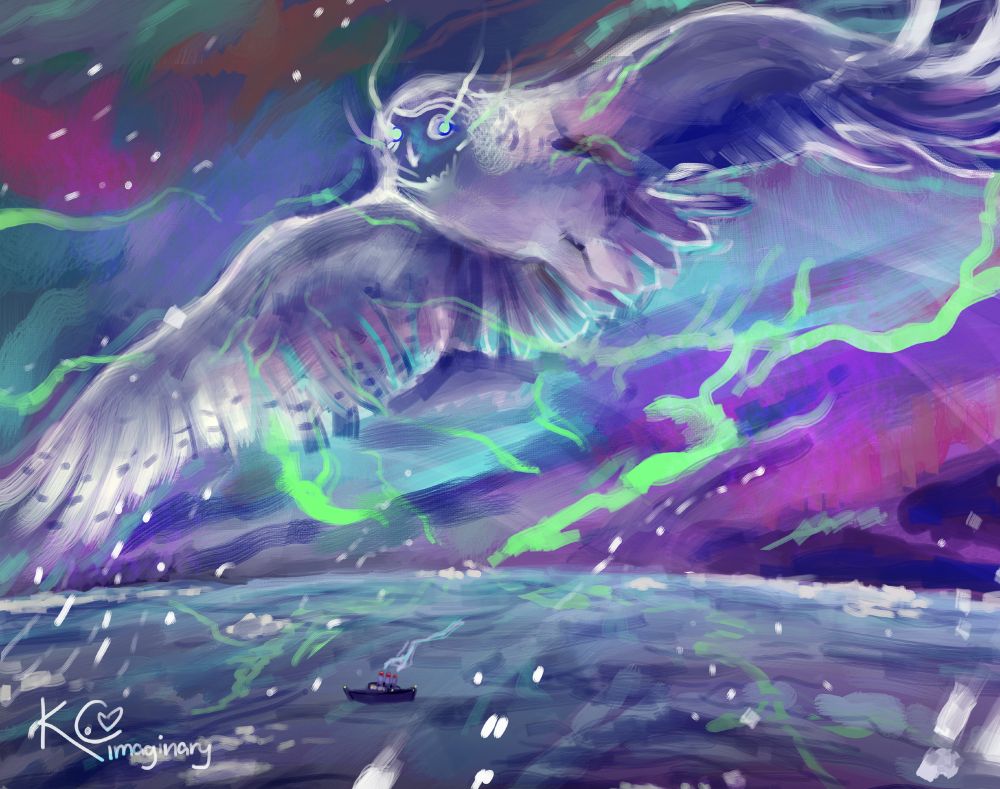 An illustration of a huge, ethereal spirit in the form of a snowy owl flying above an icy ocean, rendered in white and shades of blue and purple. The Northern Lights dance around the creature and seem to emanate from its wings and head. The almost fluorescent green ribbons of light reflect on the water below, but the spirit’s form does not. The silhouette of a steamboat on the water is dwarfed by the spirit in the sky above. The artist's signature appears in the bottom left corner.