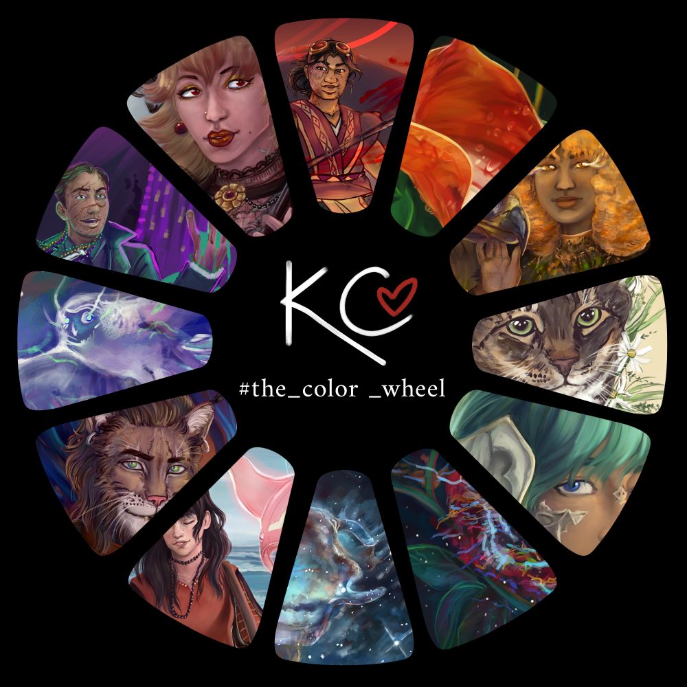 An image of a color wheel which is assembled from different paintings and drawings by the artist, KCimaginary. Her logo and the text "#the_color_wheel" appear in white in the center of the image.