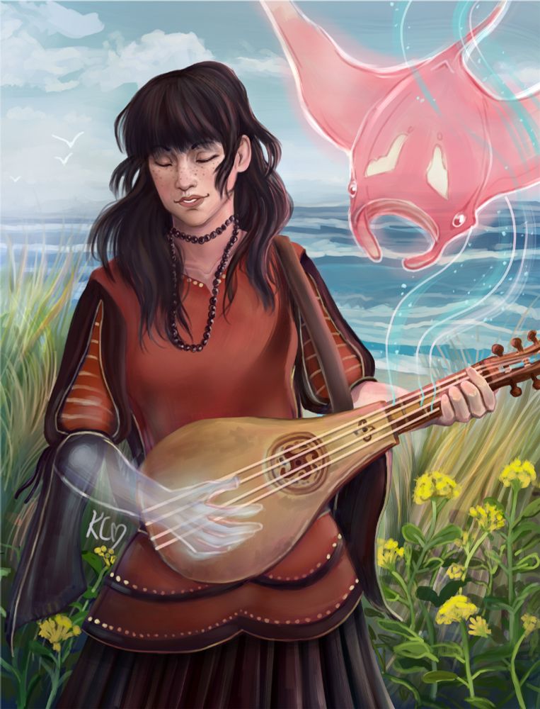 A painting of a light-skinned, black-haired woman wearing a red and black dress. She is a magic-user who is playing a gittern (a predecessor of the guitar) and is accompanied by her familiar, a floating manta ray which is a soft pink color. Her lower right arm is missing and is replaced by a ghostly transparent arm. She stands near the ocean and is surrounded by coastal plants, including yellow sand verbena flowers. The tone of the painting is bright and naturalistic; the ocean fades palely in the distance.