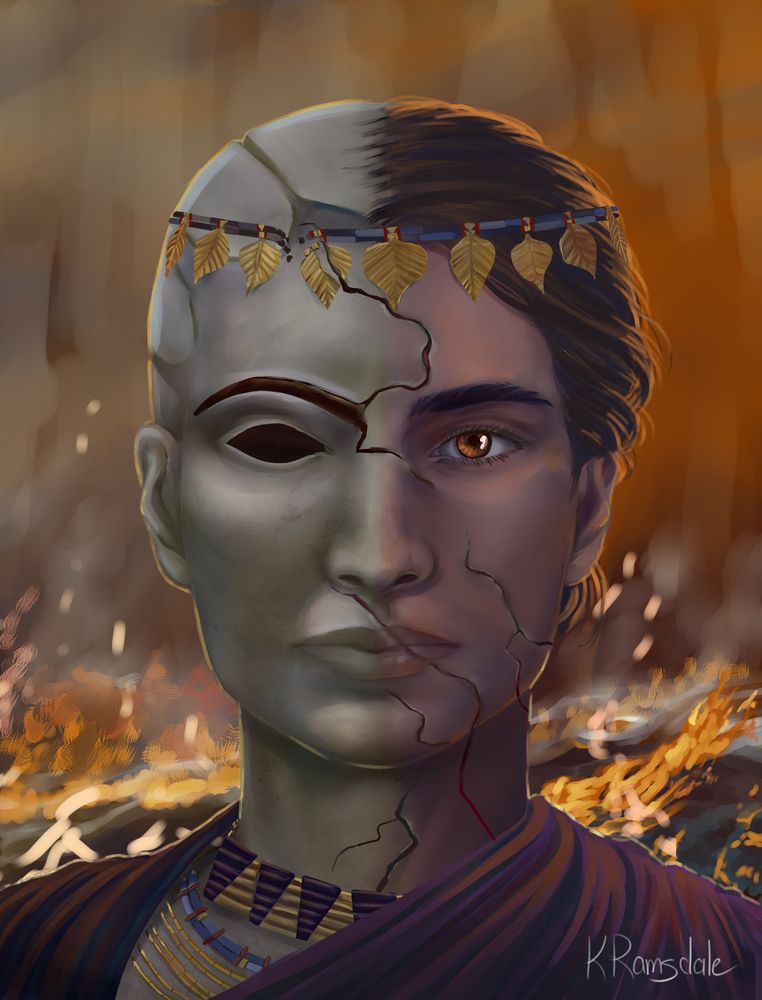 A portrait of a woman staring directly at the viewer. On the right side of the portrait, her head and face are ordinary flesh and hair, but on the left side of the painting, she appears to be a stone statue with a hollow eye socket. The “statue” side has several large cracks beginning from the hairline, below the nose, and on the chin which continue to the “flesh” side as deep cuts in her face that glow red in places. Her hair, which is dark brown on the “flesh” side, is pulled back and decorated with a beaded headdress which has golden leaves hanging from it. The headdress is broken near the crack in the “statue” side’s forehead.The woman is backlit from a rapidly spreading fire in the background.