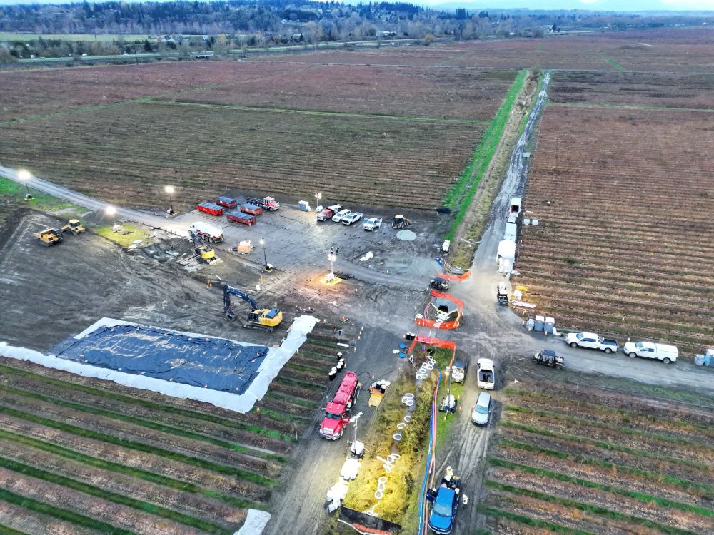Drone photo of oil-spill response on a farm near Everett, Washington
