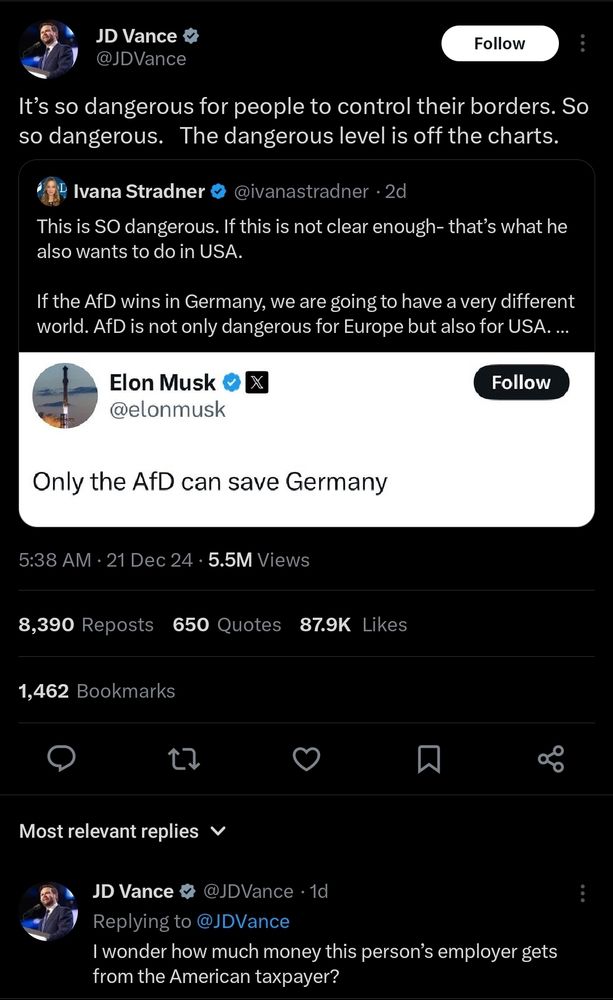 Screenshot of JD Vance, VP elect of the US downplaying the AfD of Germany, a Neo-Nazi party so egregious in their dangerous rhetoric that the German government openly states that they keep surveillance on the group 