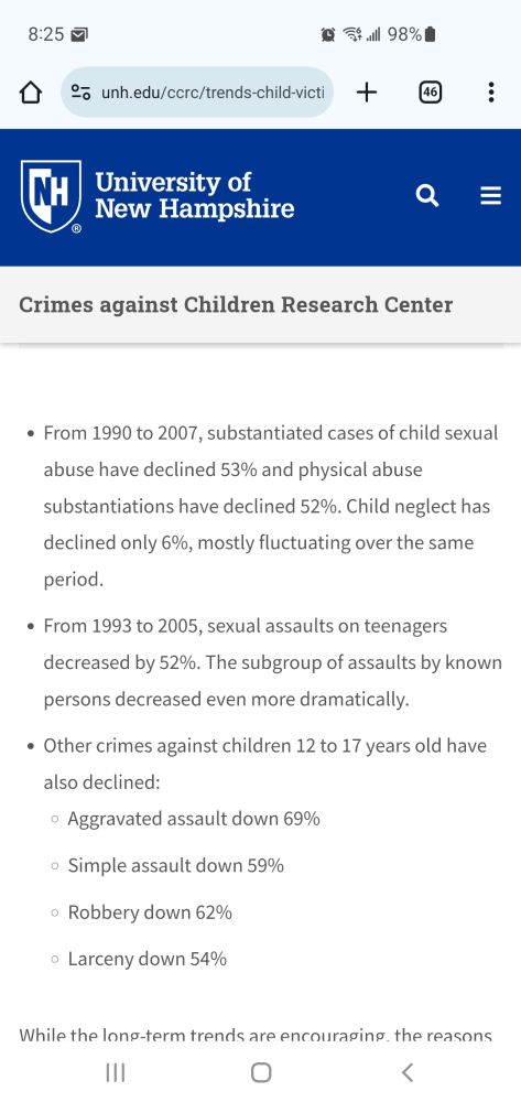 Crimes against children statistics showing a dramatic drop from 1997 to 2007 