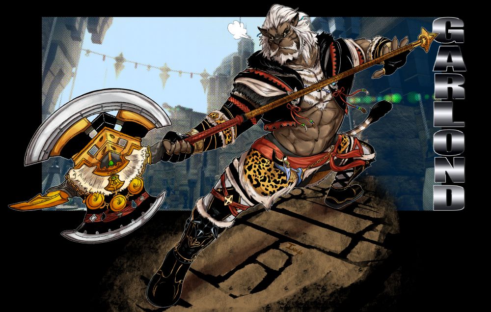 Hrothgar male with battleaxe preparing a skill, in color! FFXIV