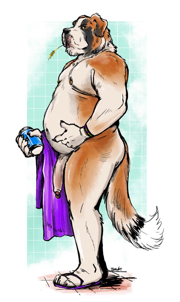 St. Bernard furry posing before a shower.