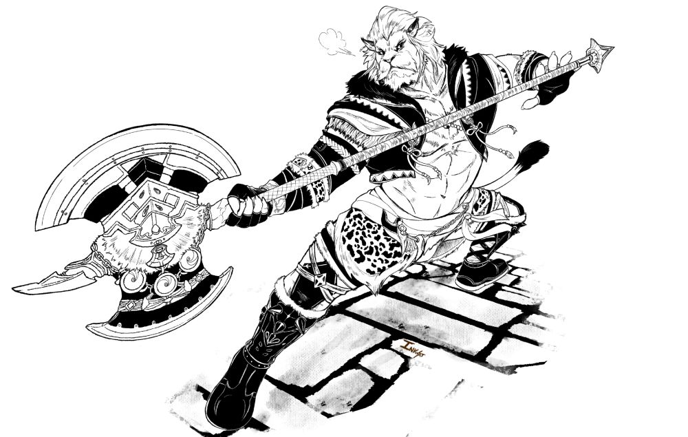 Hrothgar male with battleaxe preparing a skill. FFXIV