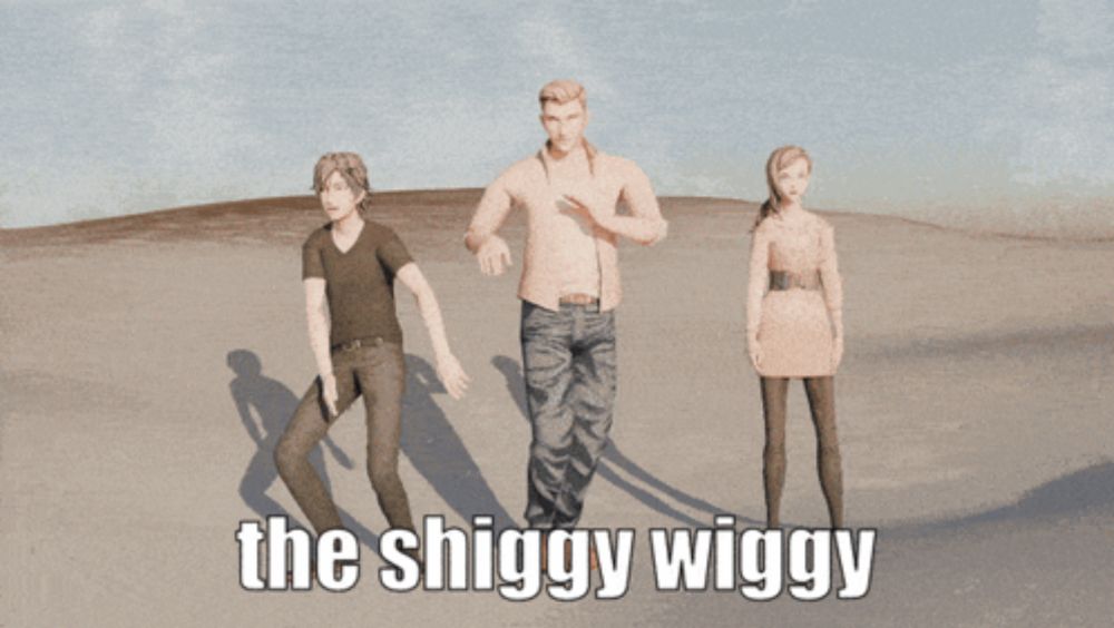 a group of people dancing with the words the shiggy wiggy written below them