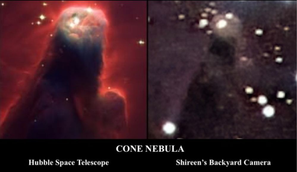 Two photos of the Cone Nebula. One taken by the Hubble Space Telescope. The other by a Nikon camera with 560 mm focal length lens. Both images show a cone-shaped object with a flat top.