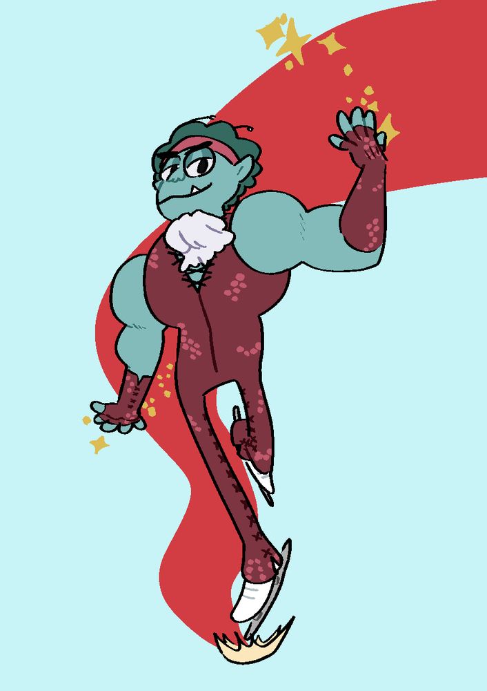 Rad from OK K.O.! Let's Be Heroes ice skating in tight-fitting, sequined figure skating attire as well as a cravat and a pair of fingerless gloves that go up to his elbows. He is performing a small hop and posing.