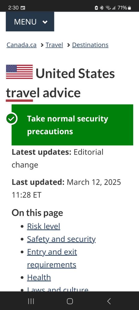 Canadian government website showing no travel advisory to US as of Mar 12, 2025.  Advice is to take normal precautions. 
