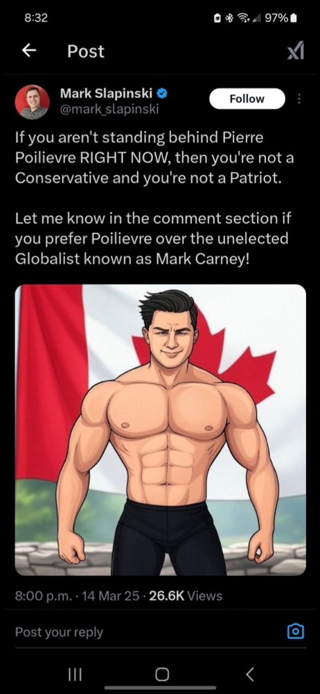 X Post from Mark Slapinski with a cartoon picture of a muscular topless pierre poilievre.  