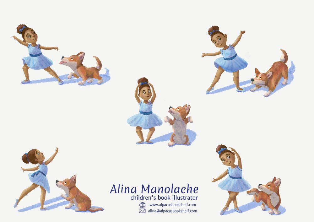 A little girl and her dog are practicing their ballet dance moves.