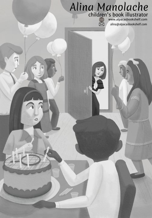 The detective (a young girl) finally finds what she was looking for, after following the trail of clues, a birthday party for herself! The scene shows the detective looking through the door at her friends who are a bit surprised to find her there so early!