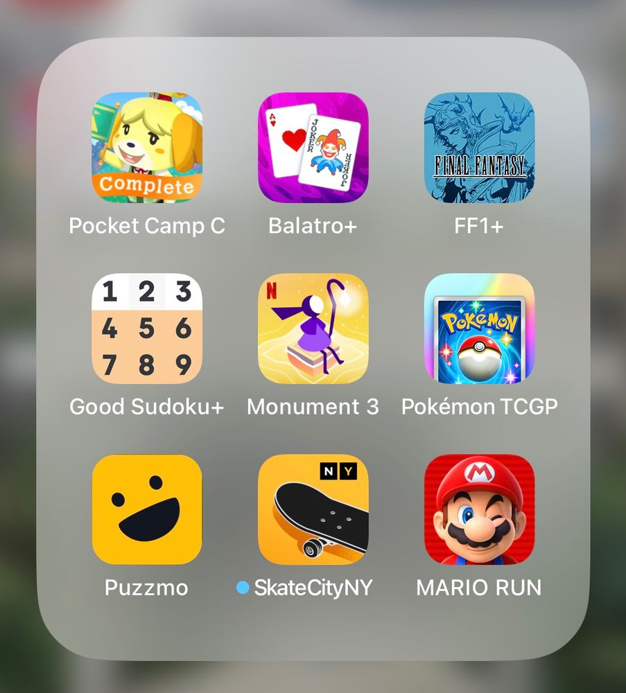 the iphone app icons for animal crossing, balatro, final fantasy, good sudoku, monument valley 3, pokemon tcg pocket, puzzmo, skate city new york, and super marion run
