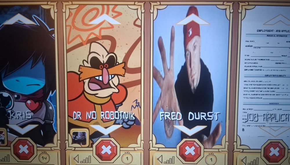 The castle crashers character select molded to have Kris Deltarune, Dr Ivo Robotnik, Fred Durst, and a job application 