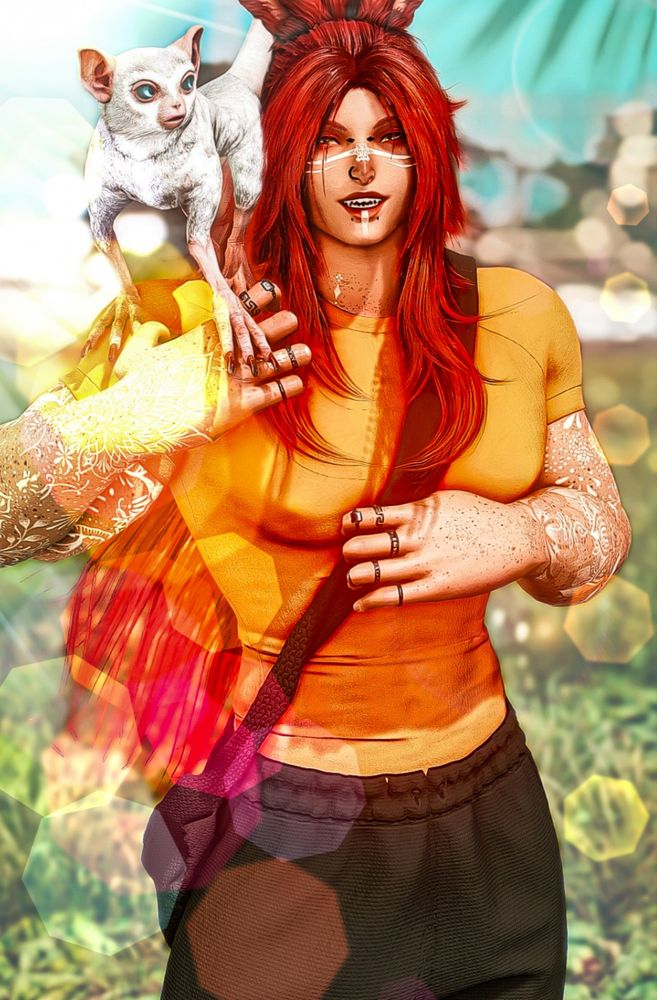 Shun standing in the center of his island smiling with his pet lemur hanging on his shoulder.