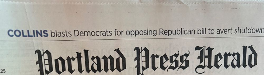 Over headline on paper reads “Collins blasts Democrats for opposing Reb bill to avert shutdown”