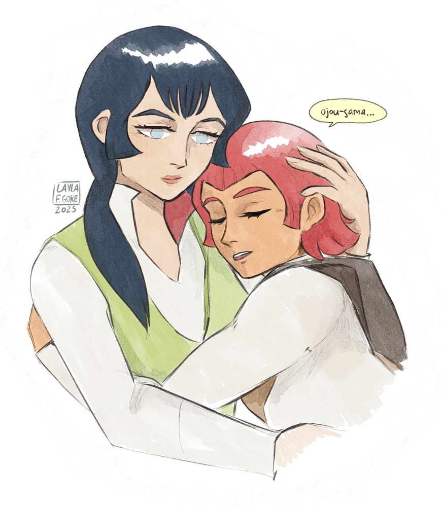 Illustration depicting Karala Ajiba and Mayaya Rau, from 1980 anime Space Runaway Ideon. Mayaya is hugging Karala, saying "ojou-sama" (my lady) while the latter caresses her hair.
