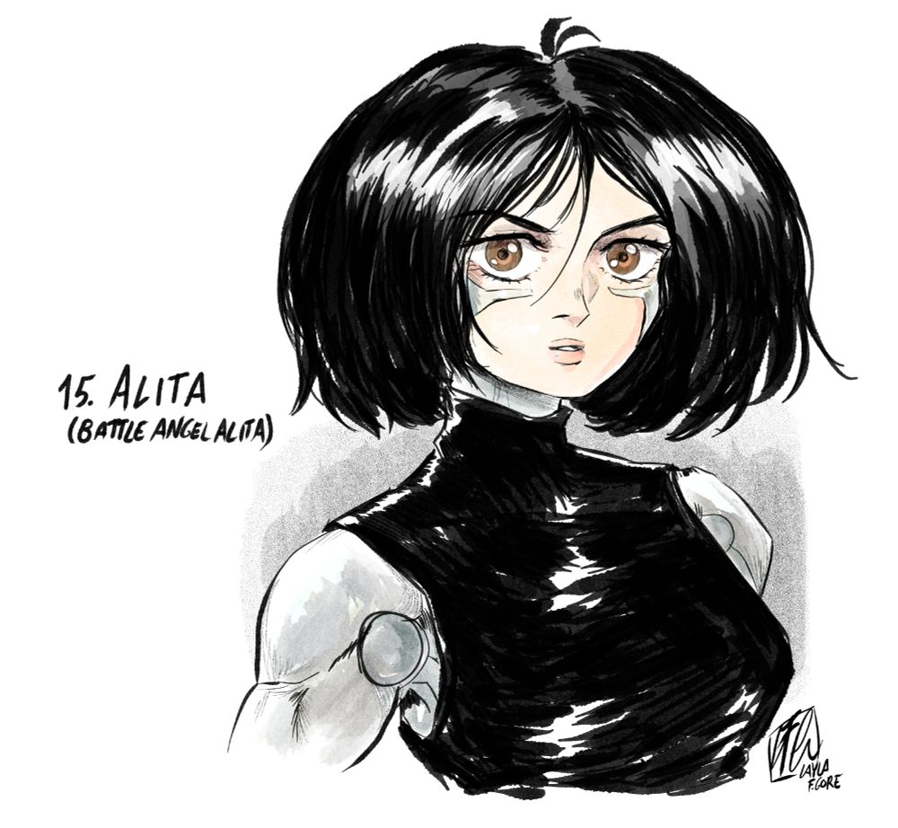 Digital ink and watercolor illustration - Alita\Gally