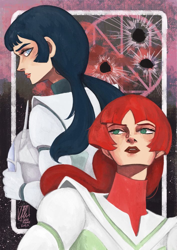 Digital illustration depicting the sisters Karala and Harulu from 1980 anime Space Runaway Ideon. There are three bullet holes on the upper right side of the illustration, where the symbol of the Ide is.
