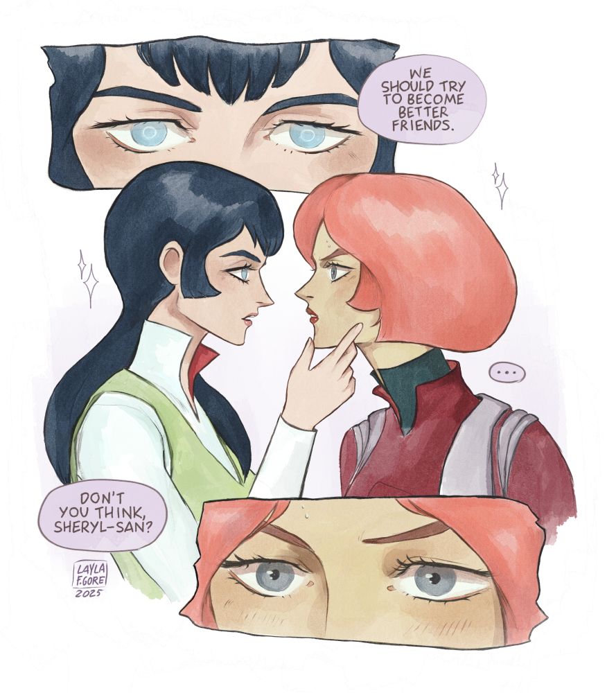 Comic\illustration depicting Karala Ajiba and Sheryl Formosa, from 1980 anime Space Runaway Ideon.