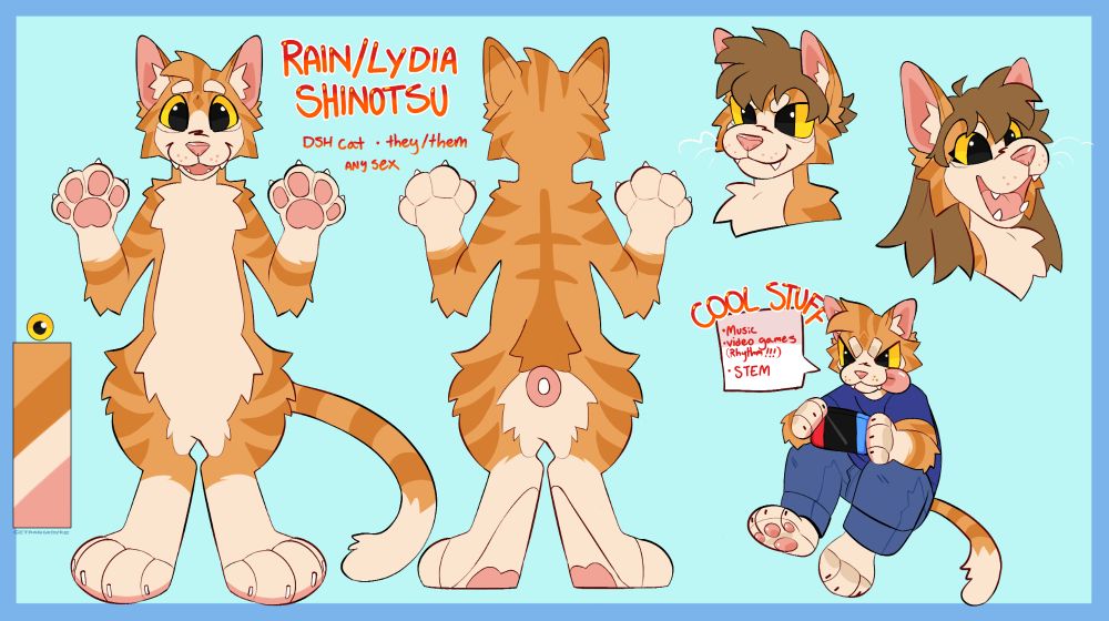 Referwnce sheet for an orange-and-cream domestic shorthair (DSH) cat named Rain/Lydia Shinotsu. Notable features are the ability to be any sex; and a love for music, video games (especially rhythm), and STEM.