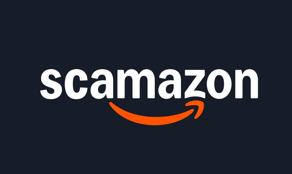 The amazon logo, white text on a dark navy background with an orange arrow below it, that now reads scamazon.