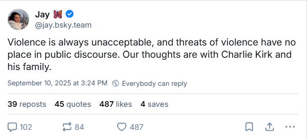 A Bluesky post screenshot of CEO Jay Gruber posting September 10, 2025 at 3:24pm. 