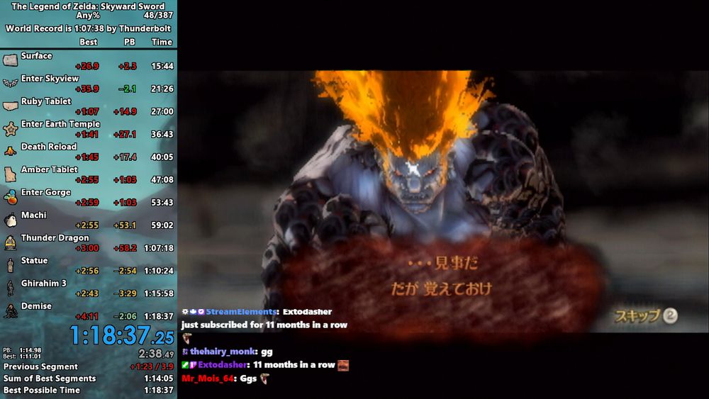 Splits for my Skyward Sword any% speedrun in 1:18:37, which saved 2m06s over my previous personal best.