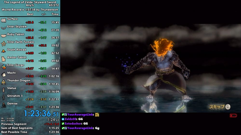 Skyward Sword any% speedrun splits for 1:23:36, personal best by 3m37s.
