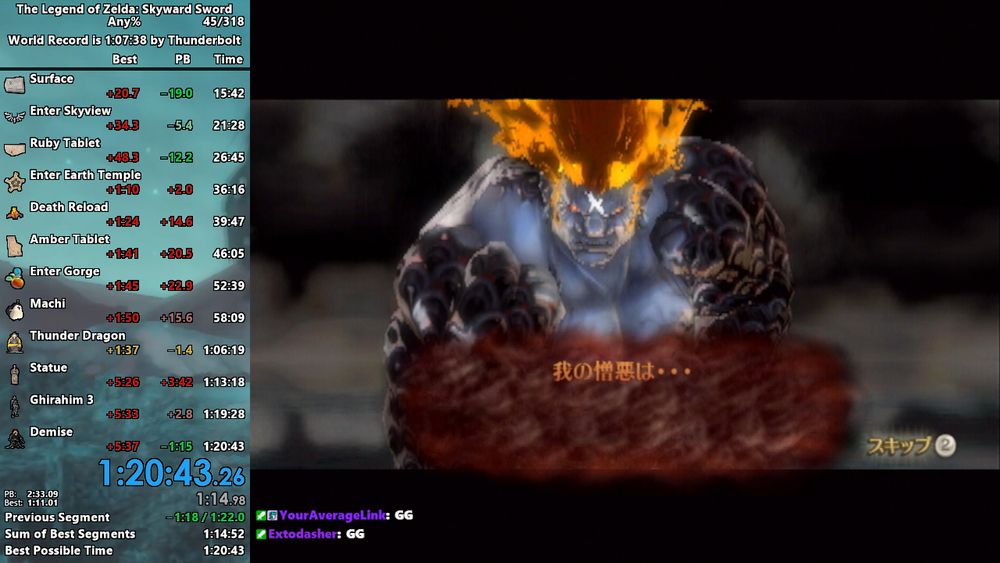 Ending screenshot with splits from my Skyward Sword any% speedrun personal best, with a time of 1:20:43, saving 1m15s over my previous PB.