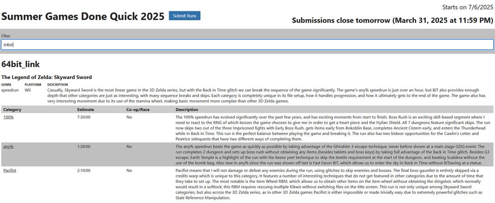SGDQ 2025 submissions for Skyward Sword 100%, any%, and Pacifist. (the latter two are also submitted to PUWP)