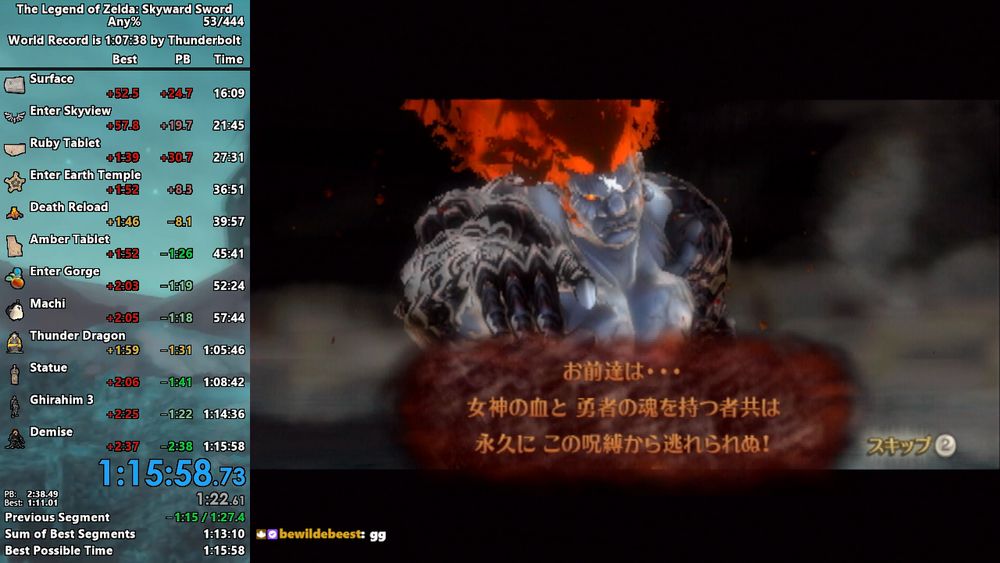 Splits from Skyward Sword any% speedrun with a final time of 1:58:58, saving 2m38s over my previous PB.