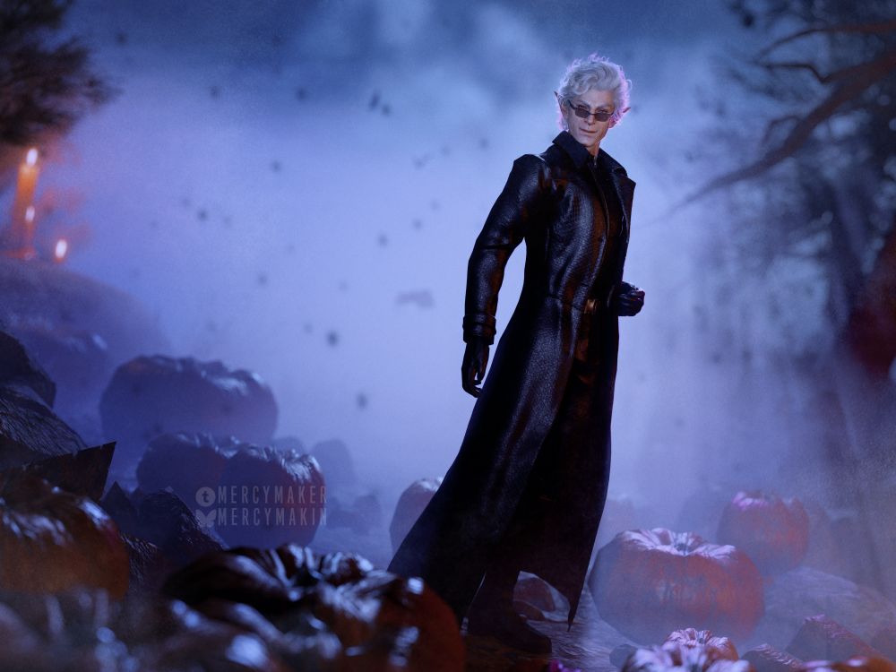 A virtual photography shot depicting Astarion. He is donning the costume of Albert Wesker from Resident Evil. He stands in a haunting background, with fog, candles, and pumpkins littering the ground. The background is of a night sky, with bats flying in the distance