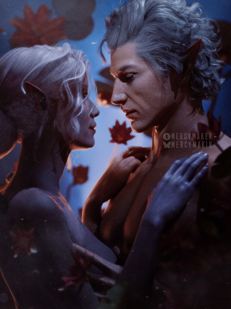 A 3D render depicting Astarion and a pale drow Tav in a blue background. They are softly embracing each other, surrounded by pink water lilies. The setting suggests being underwater, but they are bathed in warm glow signaling hope. Their expressions are soft, content, evoking the feeling of safety.