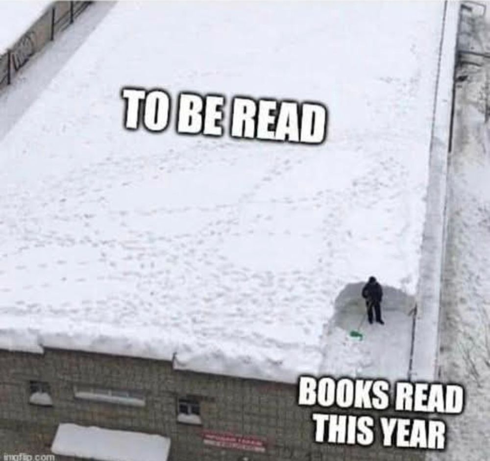 A pic of someone shoveling snow on a huge roof, symbolising that they've only managed to read a fraction of their To Be Read piles of books 