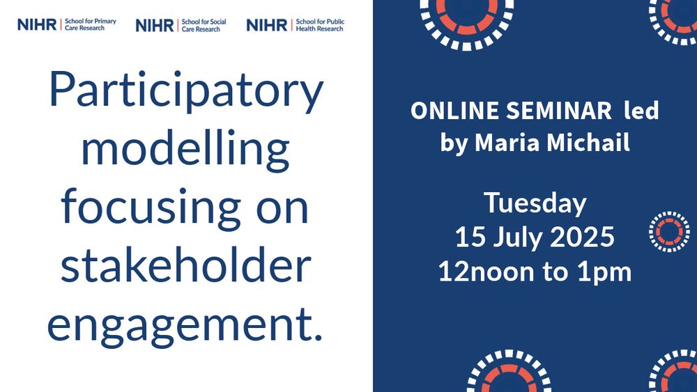 Three Research Schools' Online Seminar | Participatory modelling focusing on stakeholder engagement, 15 July 2025, 12 - 1pm: https://www.spcr.nihr.ac.uk/events/online-seminar-modelling-stakeholder-engagement

#MentalHealth #Research

@ashmore1973.bsky.social
@georginaspcr.bsky.social