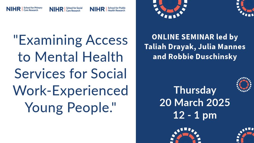 Three Research Schools' Online Seminar | Examining Access to Mental Health Services for Social Work-Experienced Young People, 20 Mar 2025, 12 - 1pm: 

#MentalHealth #Research

@ashmore1973.bsky.social
@georginaspcr.bsky.social