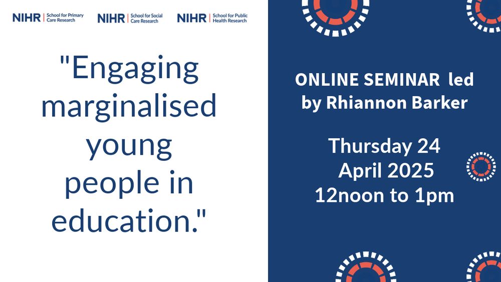 Three Research Schools' Online Seminar | Engaging marginalised young people in education, 24 April 2025, 12 - 1pm: https://www.spcr.nihr.ac.uk/events/online-seminar-engaging-marginalised-young-people-in-education

#MentalHealth #Research

@ashmore1973.bsky.social
@georginaspcr.bsky.social