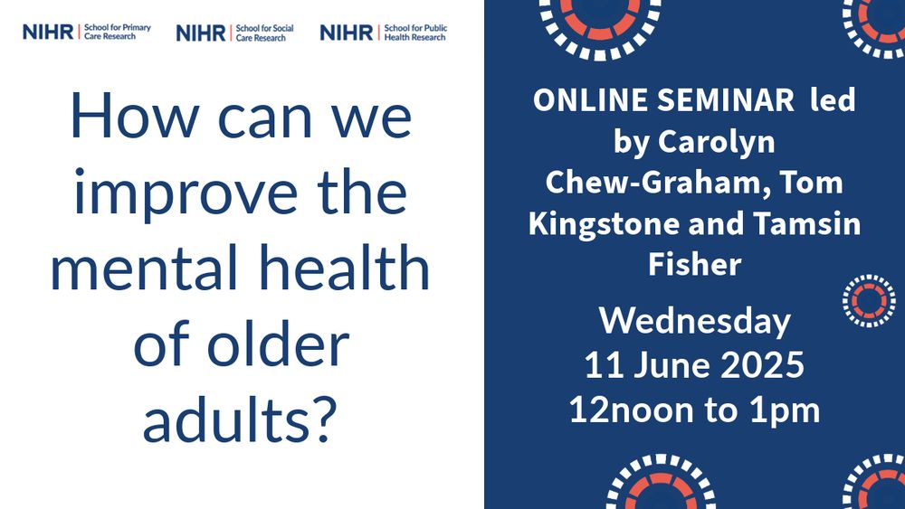 Three Research Schools' Online Seminar | How can we improve the mental health of older adults? 11 June 2025, 12 - 1pm: https://www.spcr.nihr.ac.uk/events/online-seminar-improve-mental-health-older-adults

#MentalHealth #Research