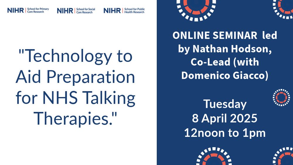 Three Research Schools' Online Seminar | Technology to Aid Preparation for NHS Talking Therapies, 8 April 2025, 12 - 1pm: https://www.spcr.nihr.ac.uk/events/online-seminar-technology-talking-therapies

#MentalHealth #Research

@ashmore1973.bsky.social
@georginaspcr.bsky.social