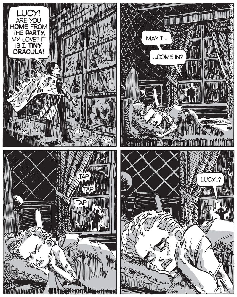 Tiny Dracula stands on Lucy's window ledge, asking to be let in to her room. Lucy does not answer.