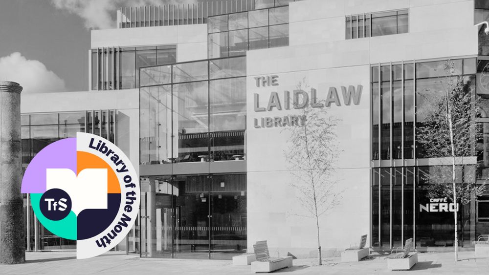The exterior of Laidlaw Library in black and white with the Technology from Sage Library of the Month digital badge in the bottom left corner