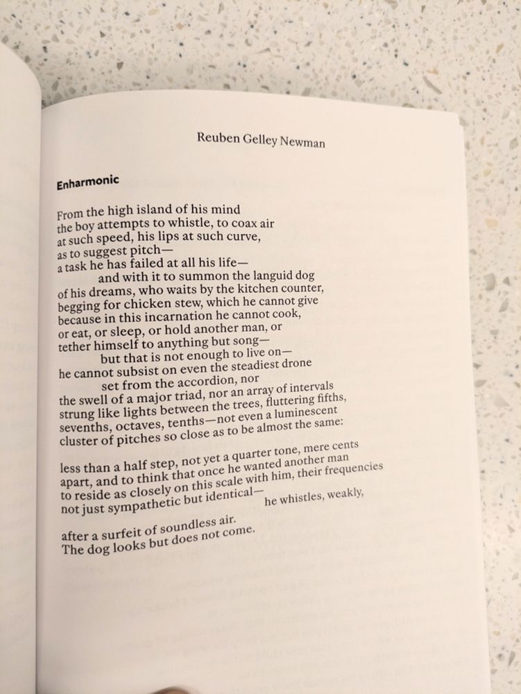 Reuben Gelley Newman

Enharmonic

From the high island of his mind the boy attempts to whistle, to coax air at such speed, his lips at such curve, as to suggest pitch-a task he has failed at all his life-and with it to summon the languid dog of his dreams, who waits by the kitchen counter, begging for chicken stew, which he cannot give because in this incarnation he cannot cook, or eat, or sleep, or hold another man, or tether himself to anything but song-but that is not enough to live on-he cannot subsist on even the steadiest drone set from the accordion, nor the swell of a major triad, nor an array of intervals strung like lights between the trees, fluttering fifths, sevenths, octaves, tenths-not even a luminescent cluster of pitches so close as to be almost the same:

less than a half step, not yet a quarter tone, mere cents apart, and to think that once he wanted another man to reside as closely on this scale with him, their frequencies not just sympathetic but identical-he whistles, weakly,

after a surfeit of soundless air. The dog looks but does not come.