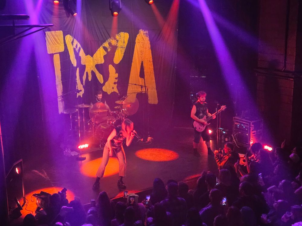 Music artist Taylor Acorn performing on stage in front of crowd. 