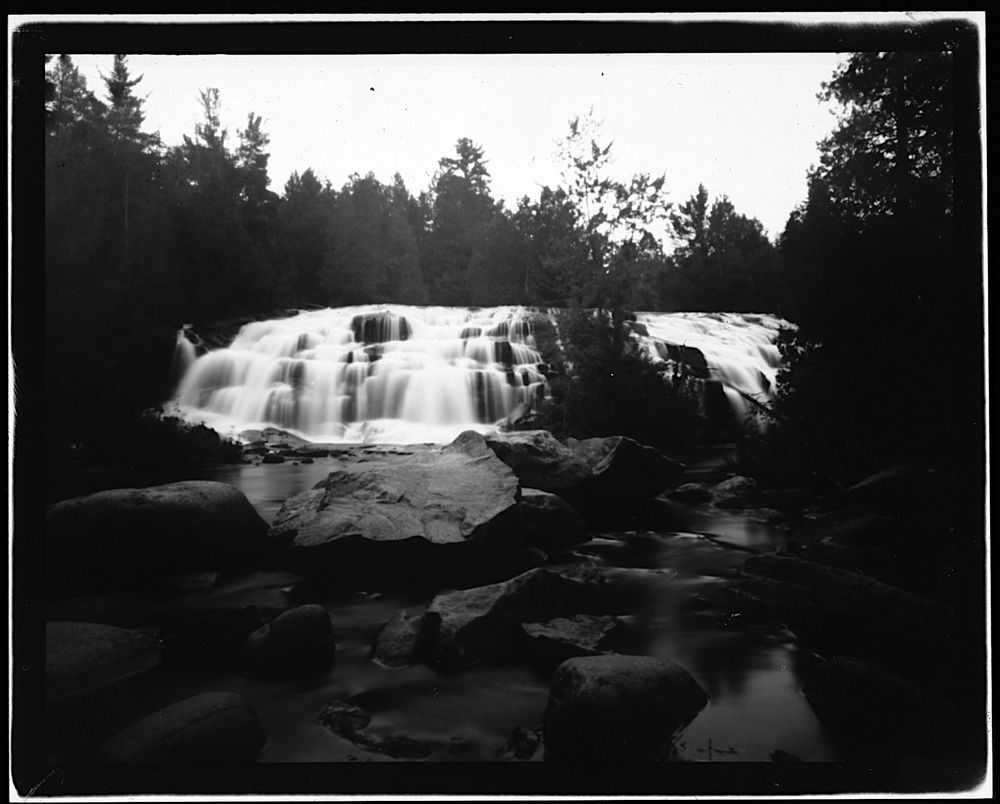 black and white pinhole photo of Bond Falls in Michigan's upper peninsula 